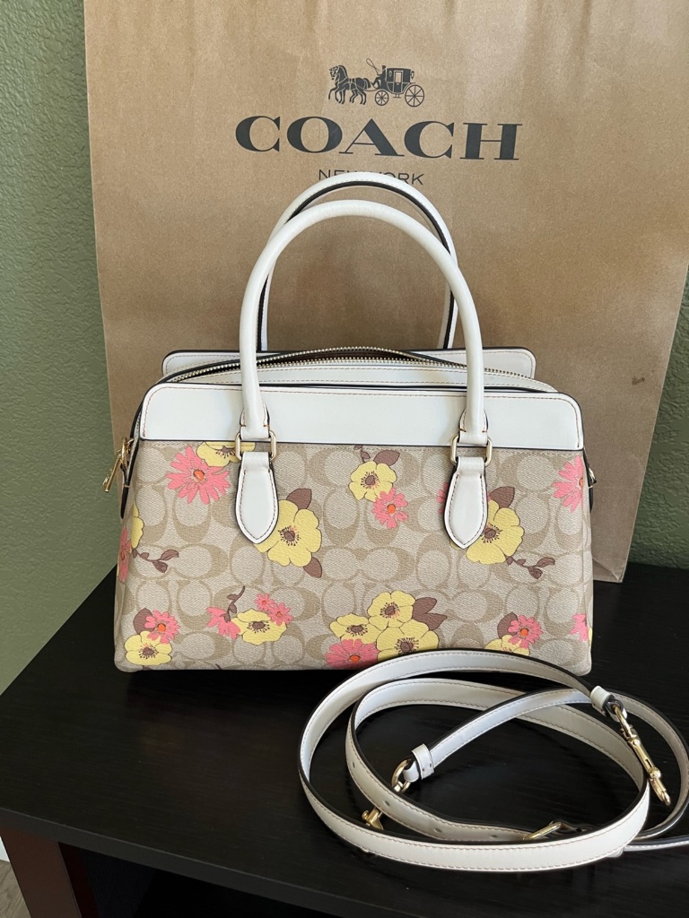 Coach Darcie Large Floral Signature Satchel in Beige, White, Yellow and Pink - Picture 2 of 11